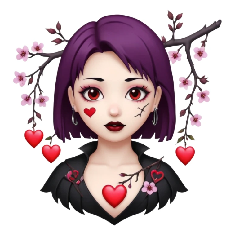 goth sakura heart, heart pierced by sakura branch, white and pink sticker