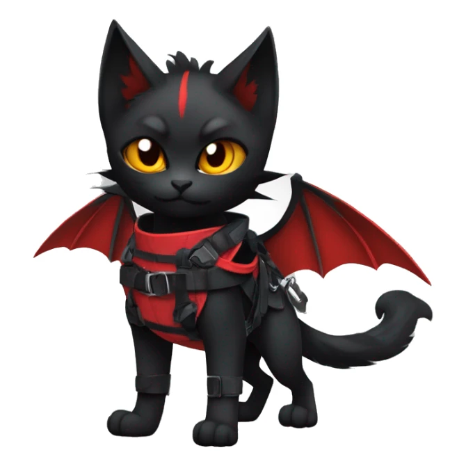 Cool Edgy Ninja Litten-Nargacuga-Cat with black bat-wing-ears with a red harness full body sticker