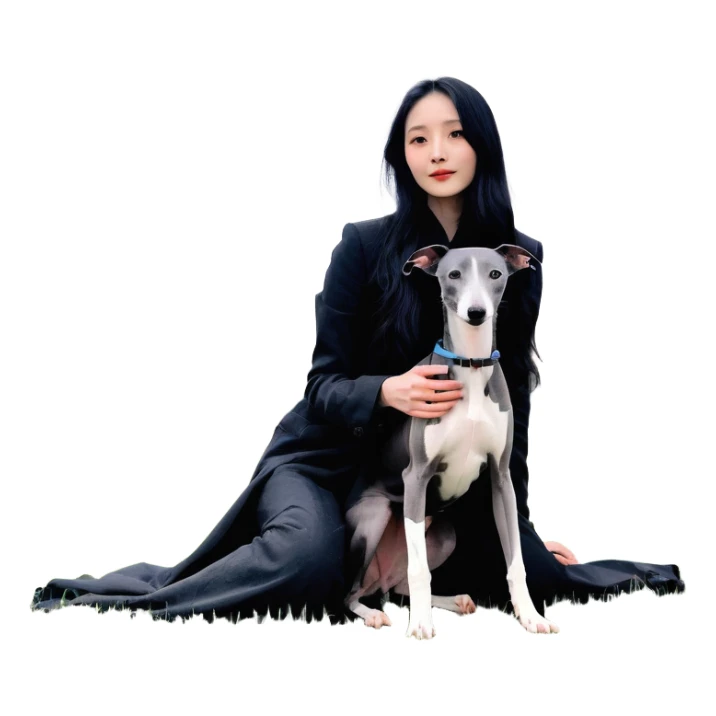 A very beautiful and attractive 25-year-old Chinese woman with long flowing black hair and a pure solid dark grey Italian Greyhound with ABSOLUTELY NO white markings anywhere on its body sitting under a cherry blossom tree. The dog must be completely solid dark grey with no white on chest, no white on muzzle, no white on paws - entirely one solid dark grey color. sticker