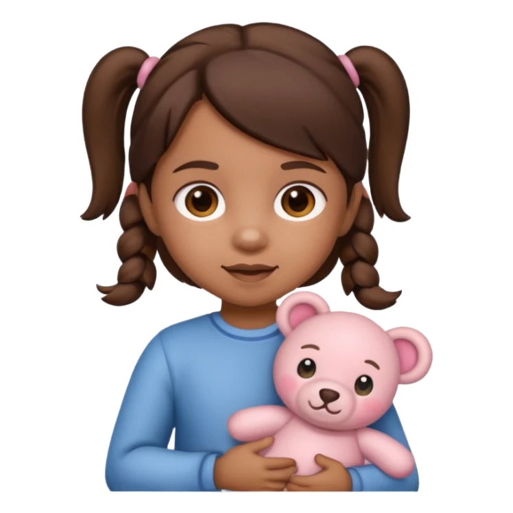 Toddler emoji with two pigtails dark brown hair holding stuff sticker