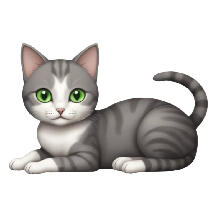 full body tiny short hair dark grey and white cat with white front legs and green eyes lying down sticker