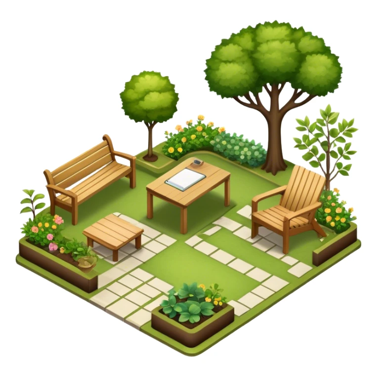 Icon for Landscape Design: a garden layout with trees, plants, pathways, and outdoor furniture, along with design tools like a rulerб pencil and sketchpad. The icon should represent the creativity and planning behind landscape design. Transparent background. sticker