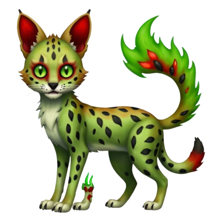 Dark-deep-blackish-Greenish Zombie-serval, full body, with green spectral haunted flames, big white claws, slit pupils, big red eyes,  sticker