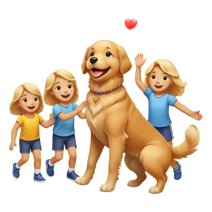 A Golden Retriever playing with children in a park, joyful interaction, warm sunlight, natural smiles, photorealistic family scene. sticker