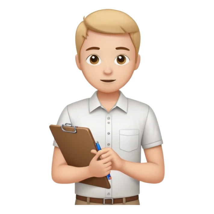 intern or volunteer holding a clipboard and pencil, ready to take notes or assist. The character wears a simple shirt and has an eager posture sticker