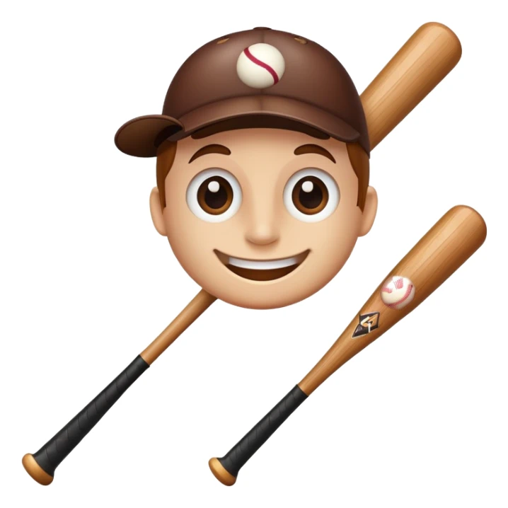 A wooden baseball bat with a friendly face including eyes, nose and smiling mouth sticker