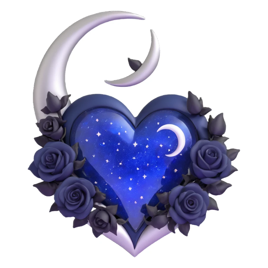 gothic heart in midnight blue glass with silver crescent moon, tiny black roses, shimmering stardust, no magical glowing aura sticker