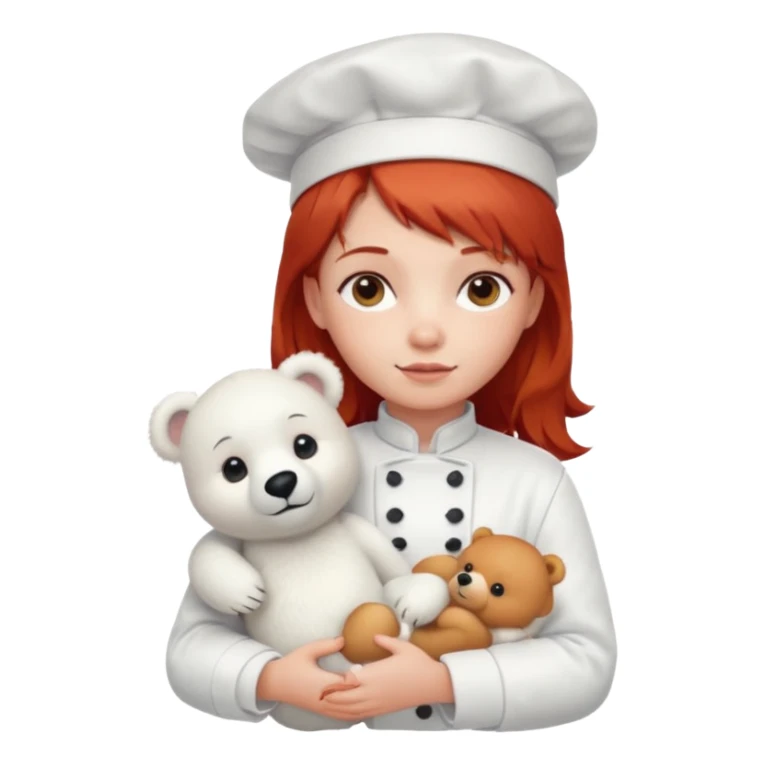 girl kid italian chef, red haired, uniform, holding plush polar bear sticker