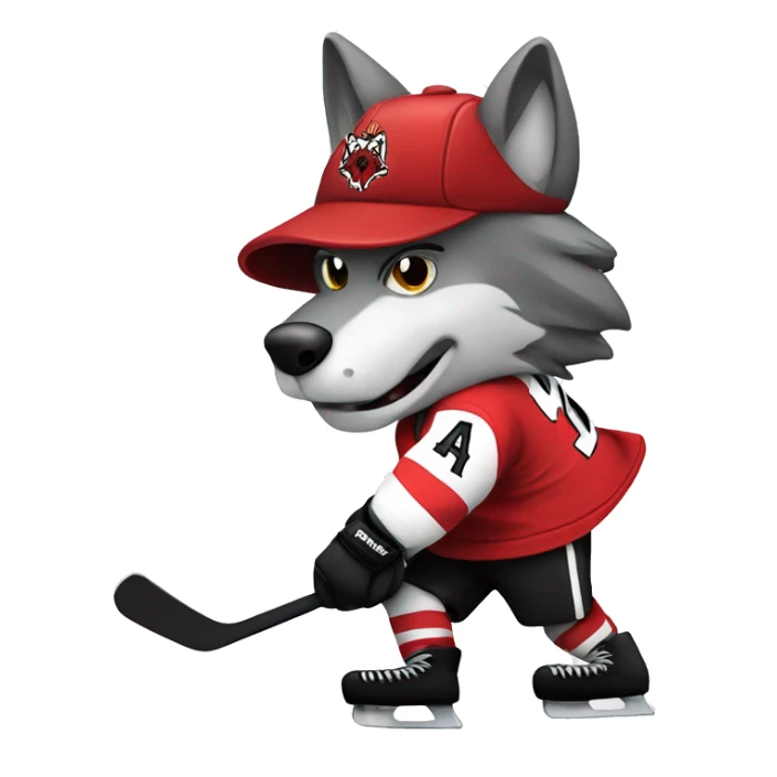 A wolf in a red black and white hockey uniform with a wolf emblem is playing hockey sticker