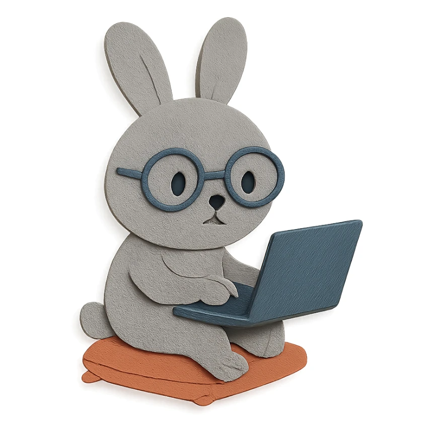 full-body round-faced gray bunny wearing glasses, sitting on a small cushion, working on a laptop with focused eyes, paper-craft style sticker
