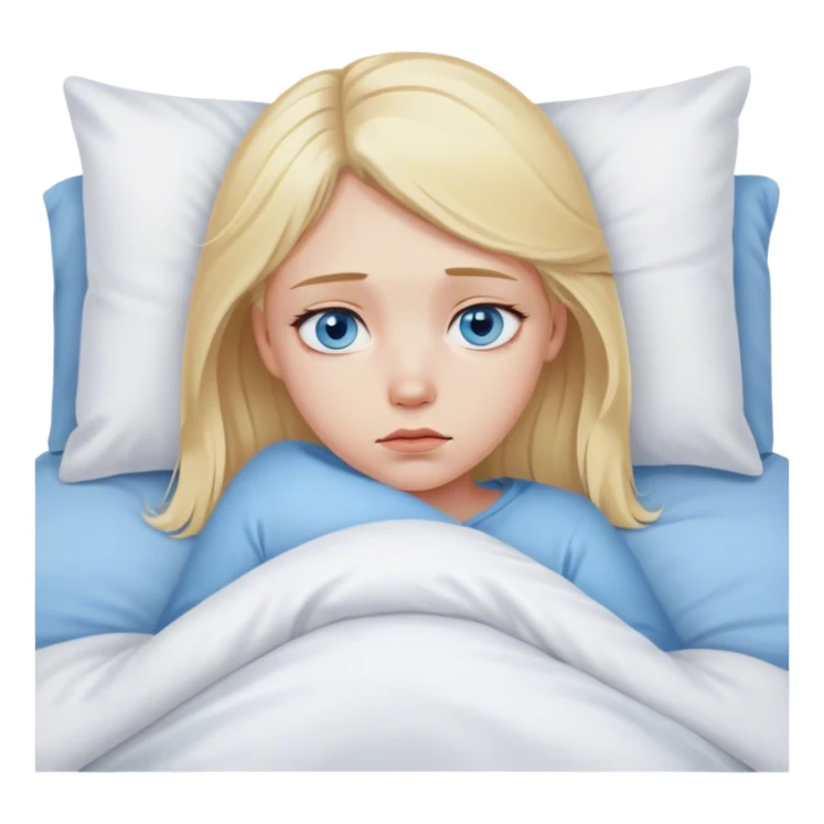 Sad blonde girl blue eyes in bed sticker
