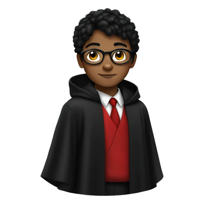 young boy with black hair, green eyes, round black glasses, dressed in black robes with a red tie sticker