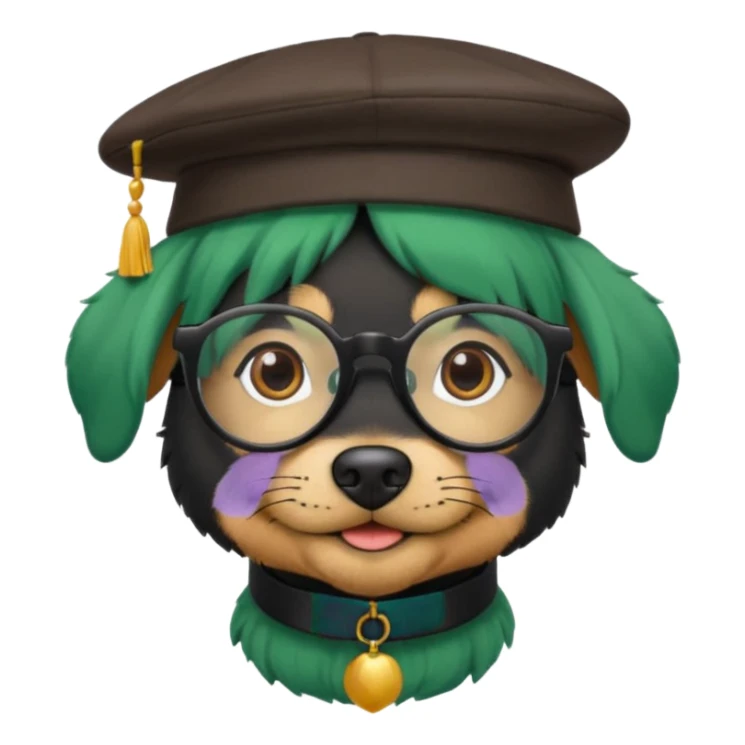 fully black dog, green haired, glassess and a hat sticker