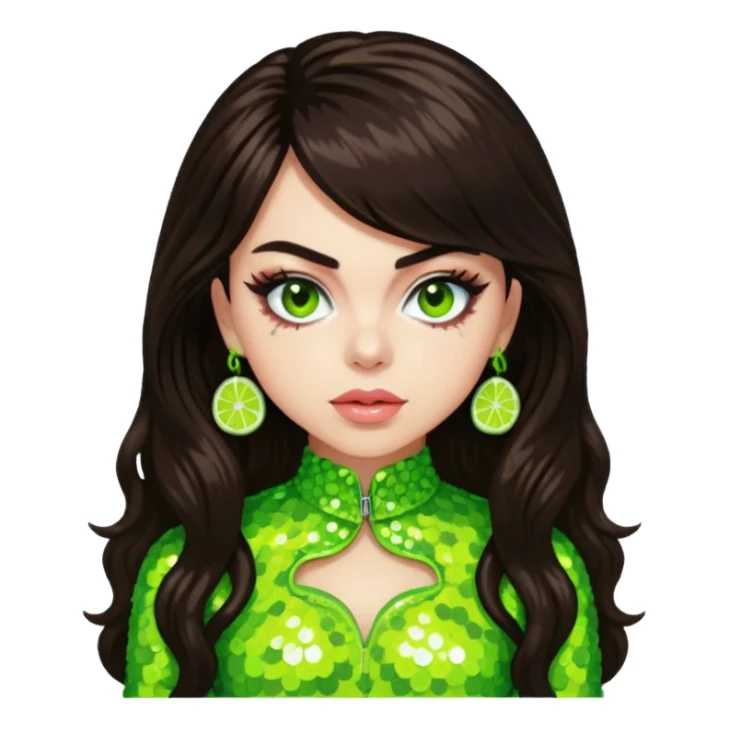 Charli XCX with long dark brown hair, lime green sequin outfit sticker