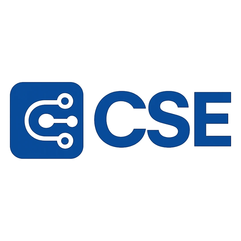 modern CSE logo, bold sans-serif letters, simple tech icon, blue and white sticker