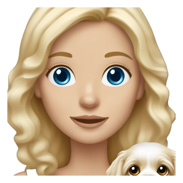White blond girl with long hair and blue eyes holding a cavapoo dog sticker
