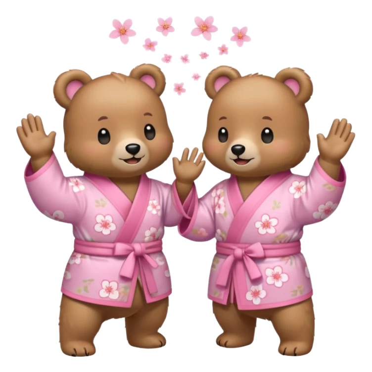 Two cute light-brown bears wearing pastel pink sakura-patterned kimonos, normal balanced body ratio.  
Facing each other and giving a joyful high-five with happy smiling faces and small spark effects.  
Kawaii emoji style, minimalistic clean sticker illustration, white background. sticker