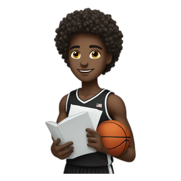 black basketball player holding the notebook wearing black and white jersey curly hair and handband sticker