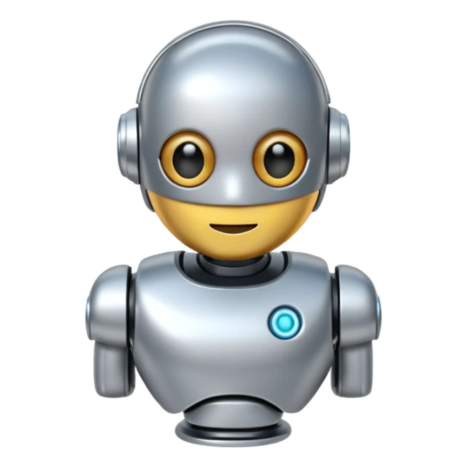 A cute futuristic robot emoji made of silver chrome, rounded friendly body, minimal facial features, glossy metallic surface, soft reflections, iOS emoji style, centered, clean white background sticker