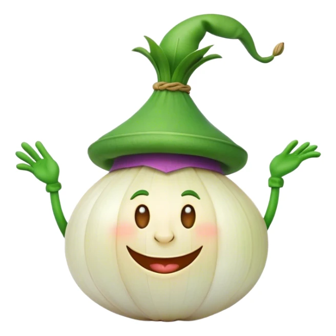 A cheerful, mischievous onion character with a big smile, wearing a green hat and a playful expression, set against a simple, colorful background. sticker