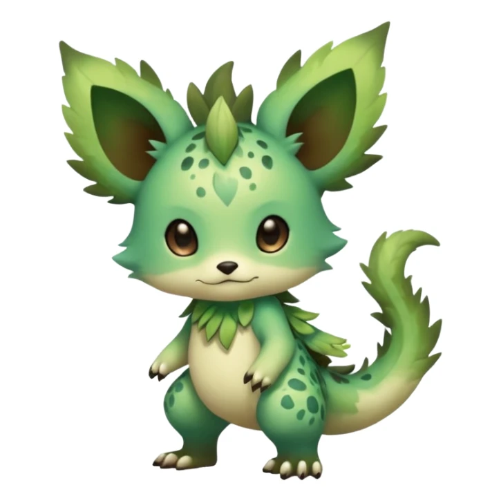 Pastel warm mossy floral elemental fantasy colorful-green-brown-gradient anime-styled edgy cool badass cute random Fakémon-creature, with random markings, full body sticker
