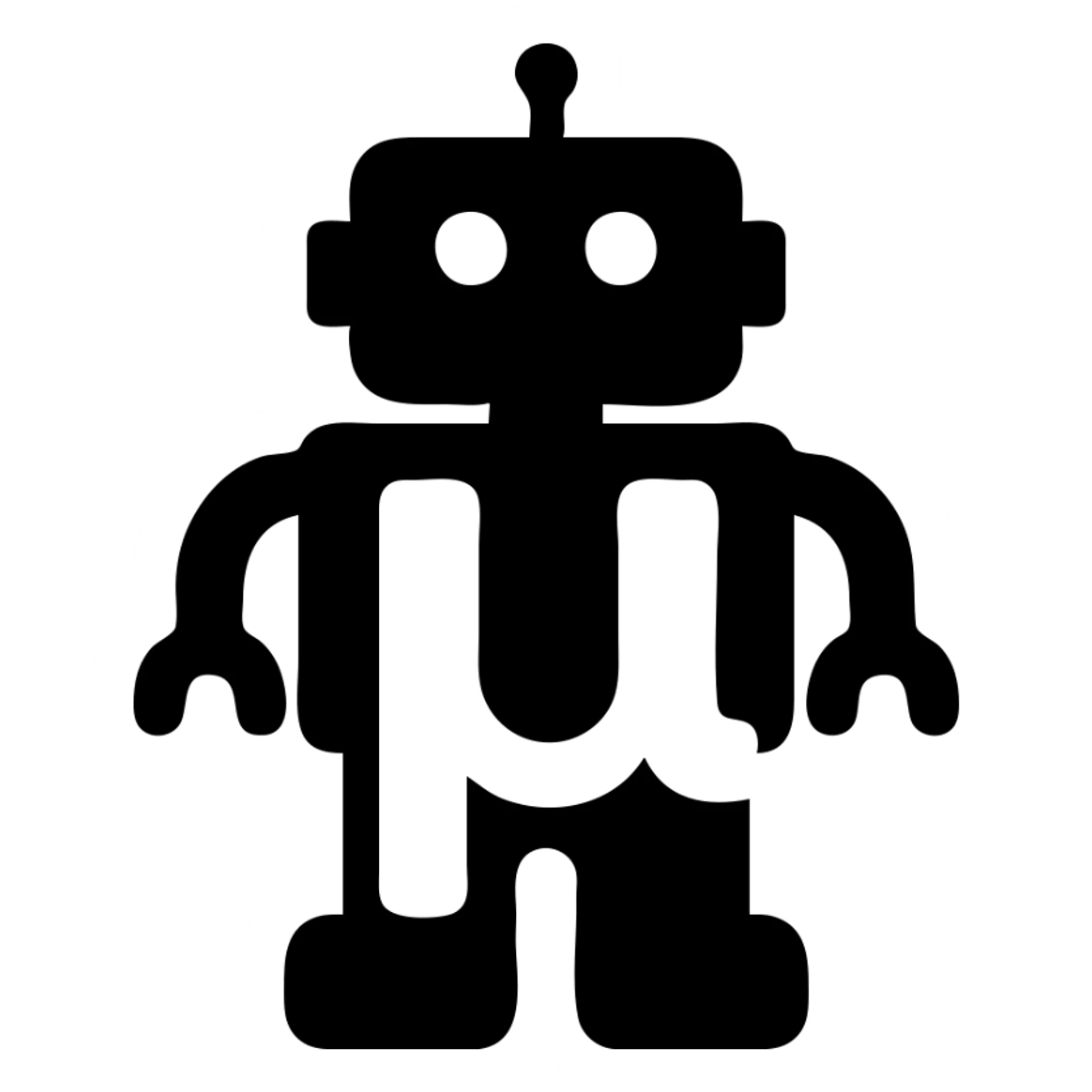 solid filled icon of a blue lowercase mu symbol with a toy-styled robot behind it sticker
