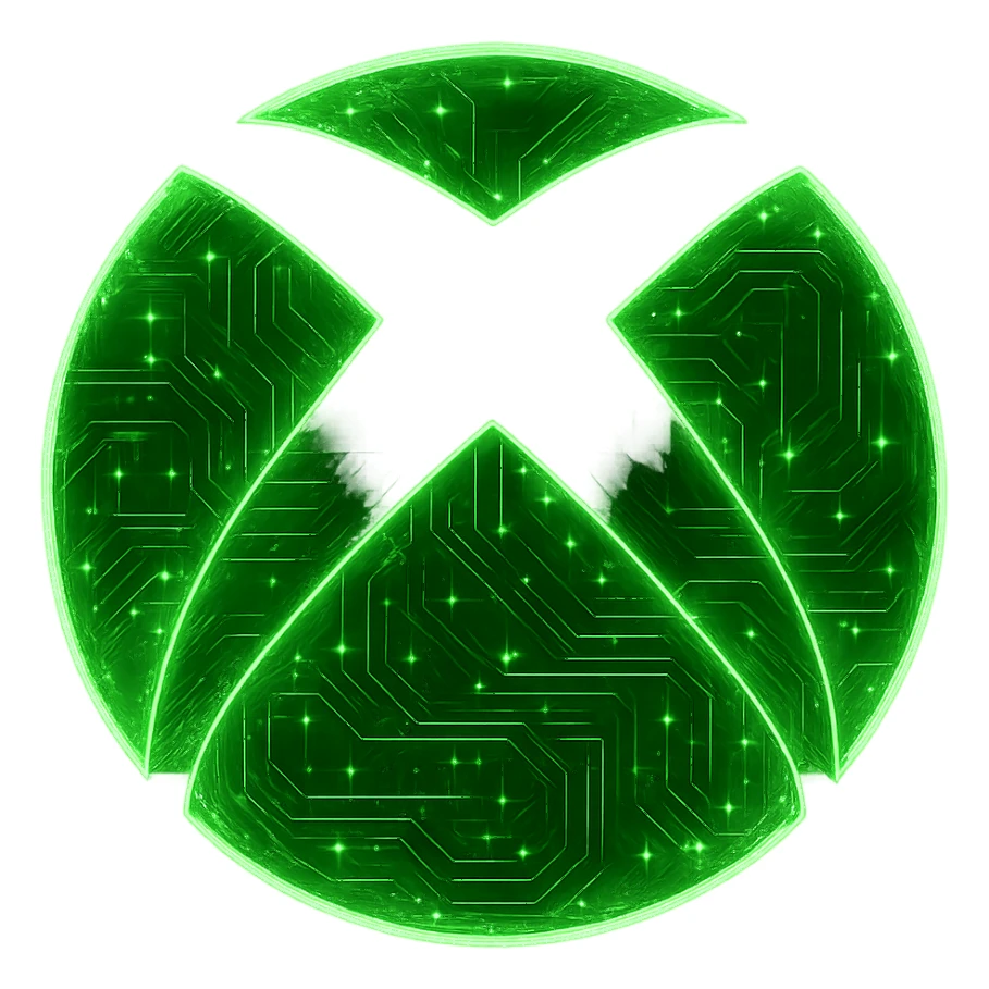 Transform the Xbox logo into a cyberpunk, holographic style with glowing neon green edges and intricate circuit patterns throughout the entire icon. Maintain the recognizable Xbox shape and keep the main color green, overlaying neon and circuit effects in a futuristic, clean cyberpunk style with consistent glow and detailed circuits. The background should be transparent. sticker
