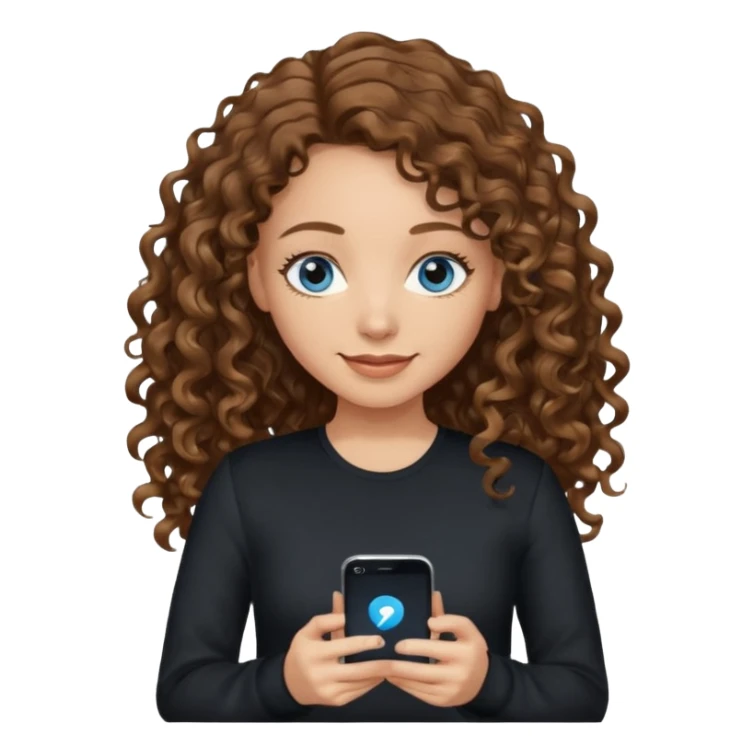 generate a pretty woman with blue eyes, light skin and medium brown long wavy/curly shiny hair holding a phone she is looking at the phone while looking down at the screen. she is wearing an ALL black long sleeve sticker