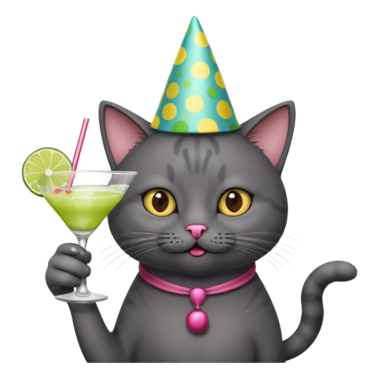 An old, dark grey cat is wearing a party hat, and drinking a margarita. sticker