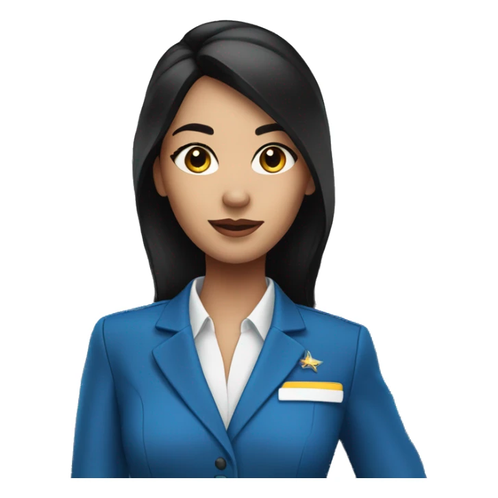 Flight attendant with long black hair, white skin and a blue uniform sticker