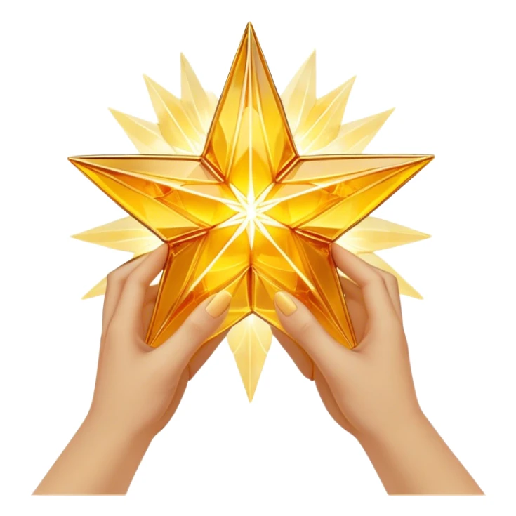 A radiant yellow dream star emerges, carefully being built by hands connecting delicate strands of golden thread and translucent panels of glowing amber glass incomplete sticker
