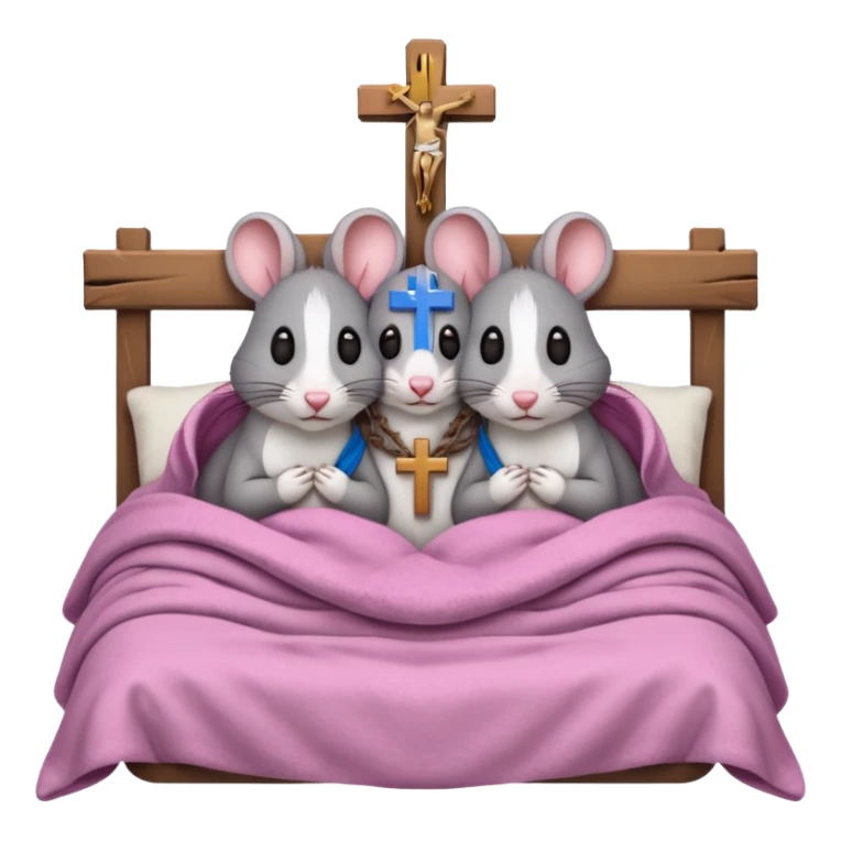 2 rats cuddled together in bed with a crucifix sticker