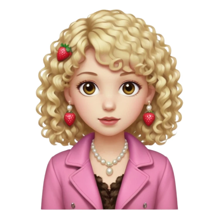 pale girl , who has curly medium length blonde and curly bangs, narrowed hazel eyes , slightly dark but shiny brown shadow, in a dark brown jacket with fur on the shoulders , wearing a pink laced camisole, wearing pearl earrings, wearing a strawberry hairclip sticker