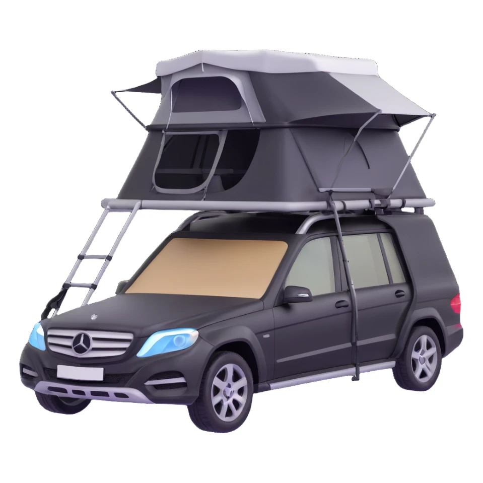 black Mercedes Benz car with roof tent sticker