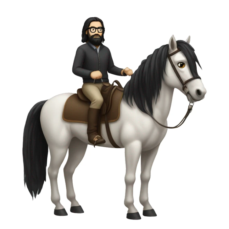 White guy with long black hair and black beard and glasses riding a horse sticker
