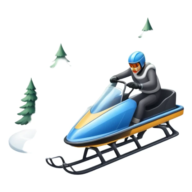 An icon featuring a sleek sled speeding down a snowy hill, with a snowy landscape and pine trees in the background. The motion lines and slight snow spray emphasize the thrill of the ride. Transparent background highlights the excitement and fun of sledding. sticker