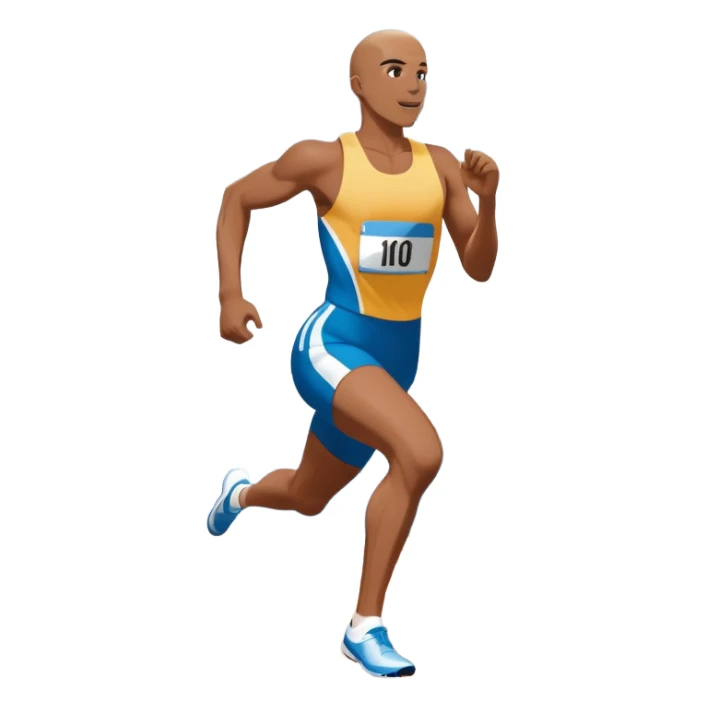 An icon symbolizing professional running: a dynamic sprinting athlete in motion on a track, leaving motion lines behind. The background features a large stadium with cheering crowds, a digital timer, and a clear blue sky. Transparent background emphasizes speed, endurance, and competition. sticker