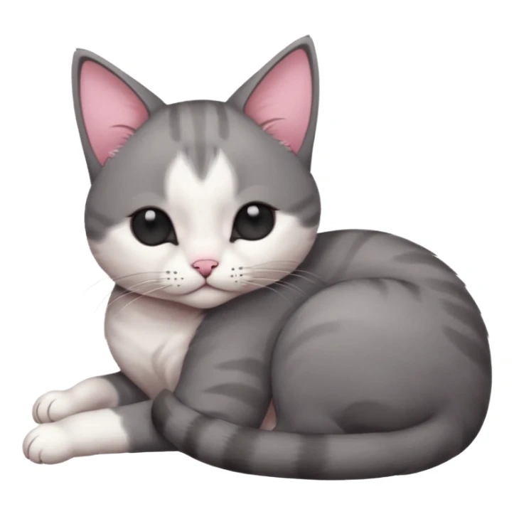 dark grey and white small cat with eyes closed, leaning his head on his paw while leaning on his elbow lying down sticker