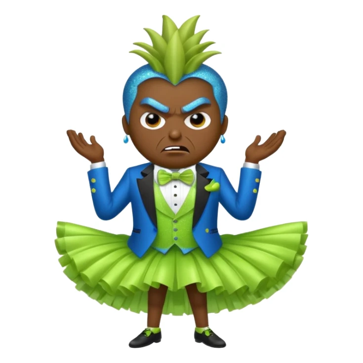 Angry blue banana fruit wearing a sparkly lime green tuxedo and tutu sticker
