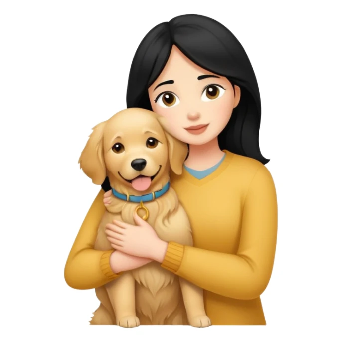 A black-haired, fair-skinned woman hugs a golden retriever. sticker