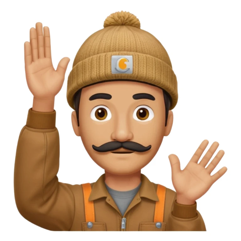 Woodworker thick straight mustache knit cap Carhartt shirt, one hand raised above head small eyes sticker