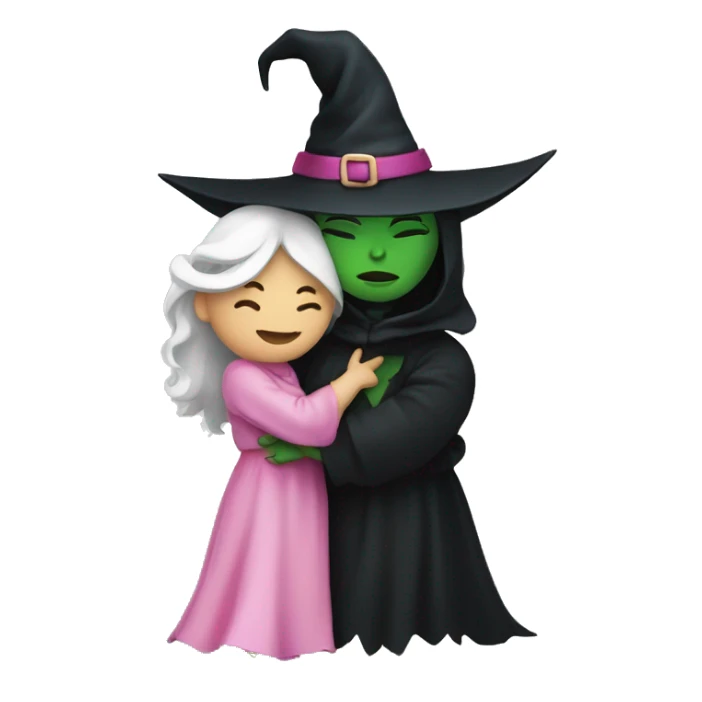 Witch dressed in black with green skin hugging pink dressed white witch sticker