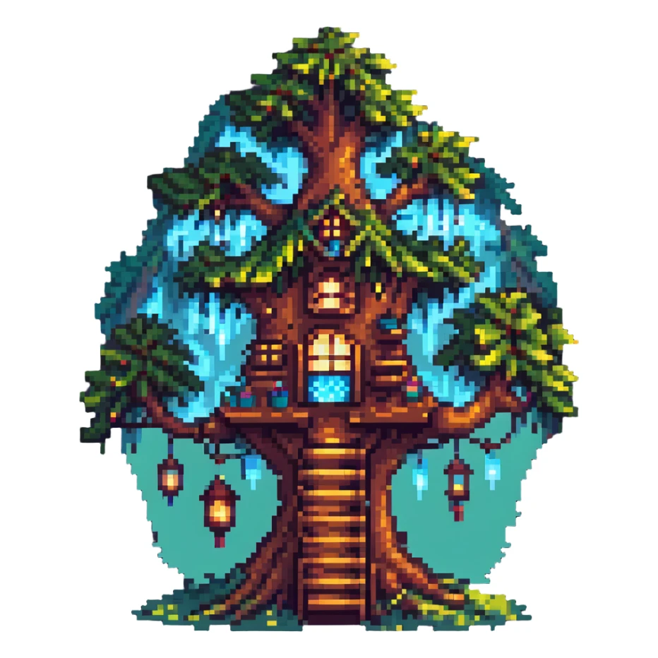 magical treehouse with glowing lights and whimsical details, pixel art style sticker