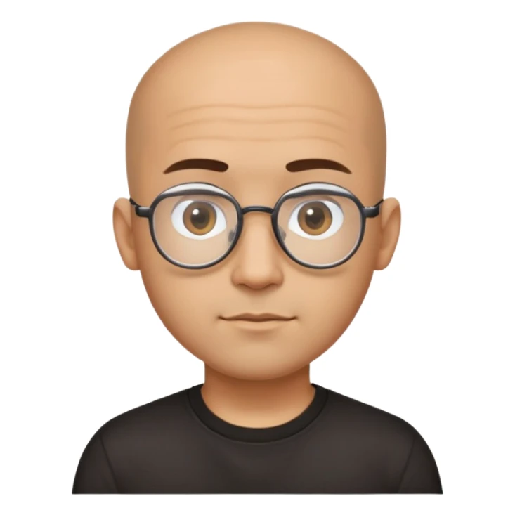 Latino man with small oval face and big forehead, aviator-style glasses, completely bald/shaved sides with very short curly dark hair only on top of head, neutral-friendly expression, light brown skin, wearing a black t-shirt sticker