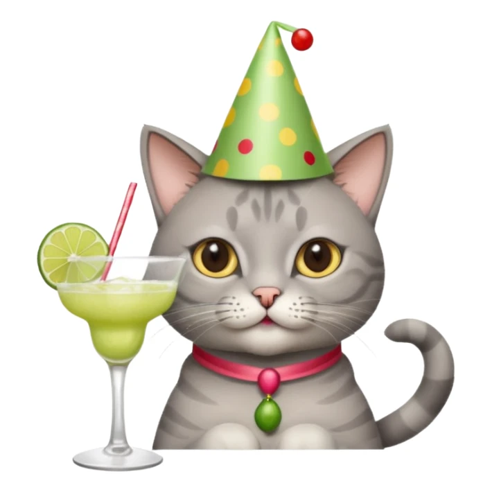 A grey cat is wearing a party hat, and drinking a margarita. sticker