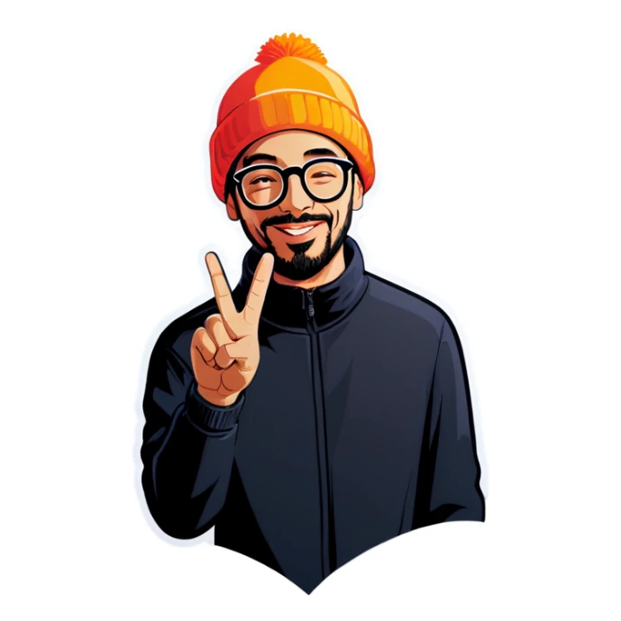 Man with glasses and beanie making peace sign sticker