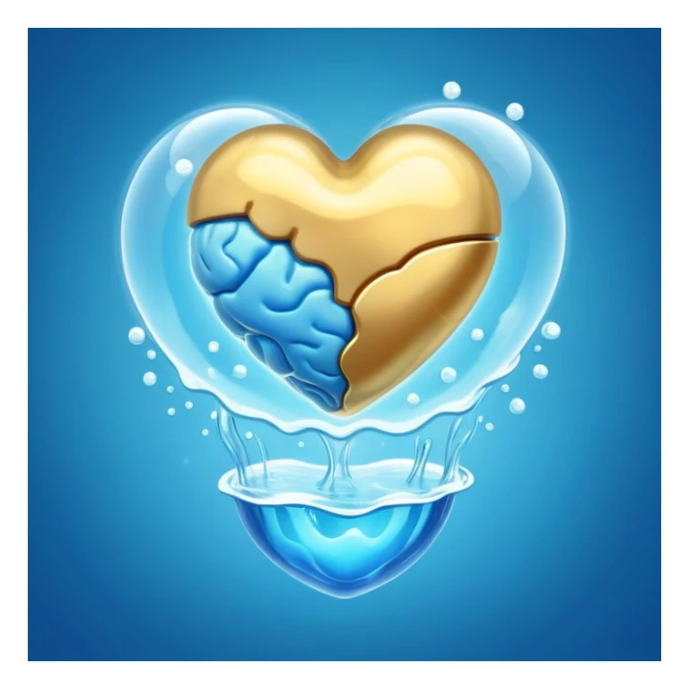 Golden floating capsule wrapped in soft blue liquid waves, slowly spinning around a translucent heart and a shining brain, with flashes of calmness that expand like waves in water sticker