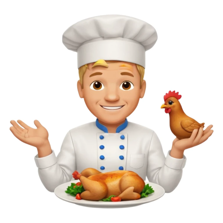 Gordon Ramsay cheerful, showing off a perfectly cooked chicken on a plate, chef uniform sticker