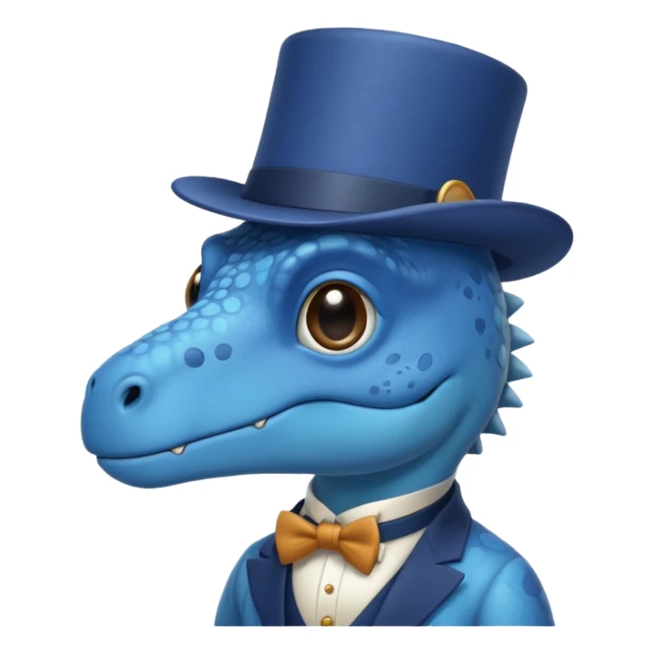 A flat blue dinosaur like 🦕 with monocle and tophat sticker
