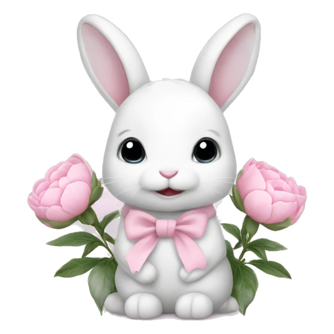 cute white bunny holding light pink peonies sticker